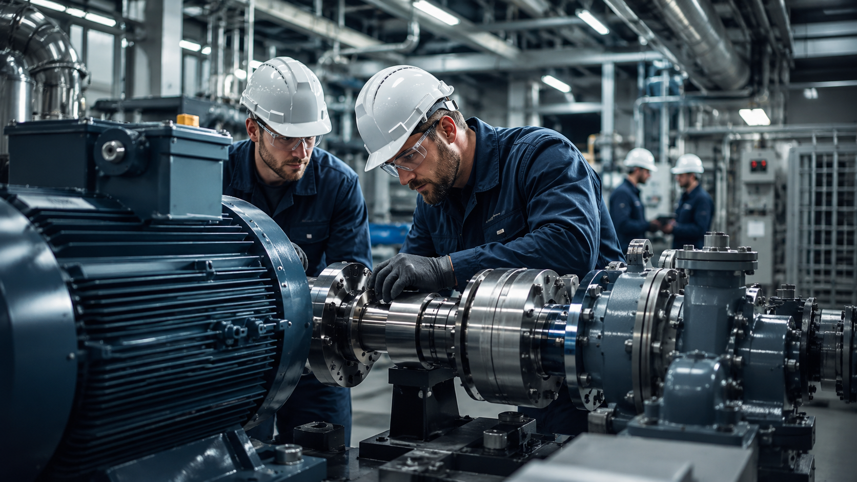 Mechanical engineers working on industrial machinery